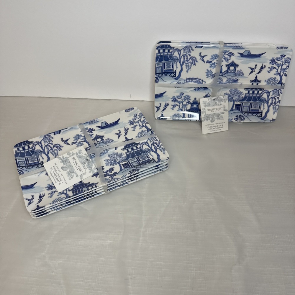 NWT Set 8 Melamine Appetizer Plates Shabby Chic Chinoiserie Blue Willow Pagoda